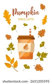 Pumpkin latte with whipped cream and cinnamon. Vector flat illustration on white background. Cup of aromatic coffee.