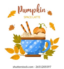 Pumpkin latte with whipped cream and cinnamon. Vector flat illustration on white background. Cup of aromatic coffee.