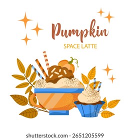 Pumpkin latte with whipped cream and cinnamon. Vector flat illustration on white background. Cup of aromatic coffee.