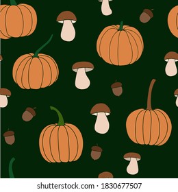 Pumpkin, leaf, acorn, mushroom. Vector doodle seamless pattern. Surface pattern design. Background. Autumn Thanksgiving day Happy Halloween party Harvesting. Forest. Vegatarian food symbols.
