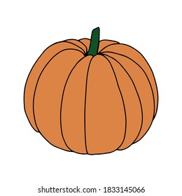 Pumpkin, leaf, acorn, mushroom.  Vector doodle element. For printing on paper, package, web banners, greeting cards. Autumn Thanksgiving day Happy Halloween party. Forest. Vegatarian food symbols.
