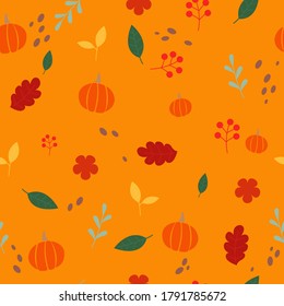 Calabaza, hojas, bayas, flores, hojas de té de hierbas y diseño plano de helecho, vector de patrón sin fisuras para la decoración en eventos de temporada de otoño.