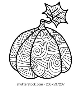 Pumpkin with leaf with fantasy patterns, ornate coloring page for Thanksgiving or Halloween vector illustration