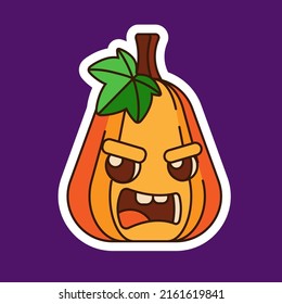 Calabaza con una hoja, en forma de pegatina. Calabaza naranja con una sonrisa en tu diseño de Halloween. Un símbolo de una feliz fiesta de Halloween. Ilustración del vector
