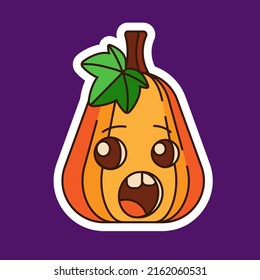 Calabaza con una hoja, en forma de pegatina. Calabaza naranja con una sonrisa en tu diseño de Halloween. Un símbolo de una feliz fiesta de Halloween. Ilustración del vector