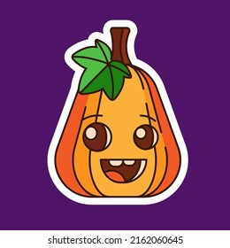 Pumpkin with a leaf, in the form of a sticker. Cute orange pumpkin with a smile for your Halloween design. A symbol of a happy Halloween holiday. Vector illustration