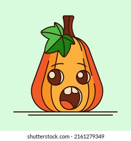 Pumpkin with a leaf on a green background, a character. Cute orange pumpkin with a smile for your Halloween design. A symbol of a happy Halloween holiday. Vector illustration