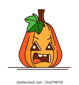 Kürbis mit einem Blatt auf weißem Hintergrund, ein Charakter. Frische Kürbis mit Lächeln für Ihr Halloween-Design. Ein Symbol für einen glücklichen Halloween-Urlaub. Vektorgrafik