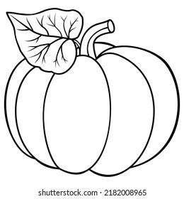 Pumpkin with leaf outline icon. Squash line vector illustration isolated on white background. Coloring book page for children. Hand drawn.