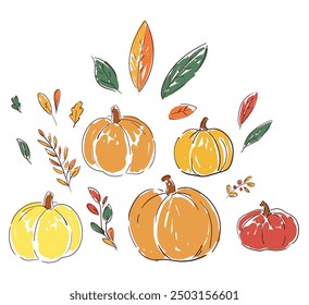 Pumpkin and leaves autumn background, vector illustration, hand drawn design postcard holiday, ink, sketch 