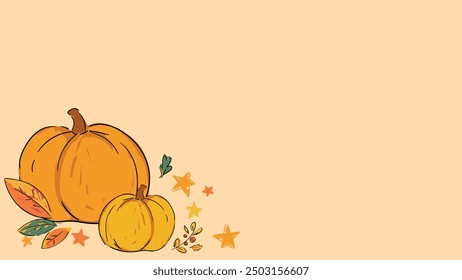 Pumpkin and leaves autumn background, vector illustration, hand drawn design postcard holiday, ink, sketch 