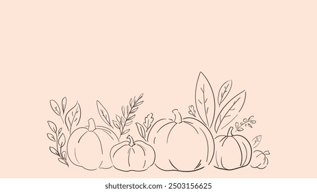 Pumpkin and leaves autumn background, vector illustration, hand drawn design postcard holiday, ink, sketch 