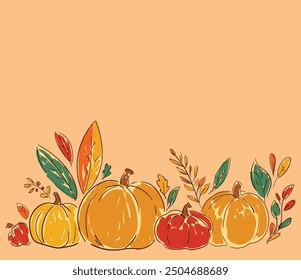 Pumpkin and leaves autumn background, vector illustration, hand drawn design postcard holiday, ink, sketch 