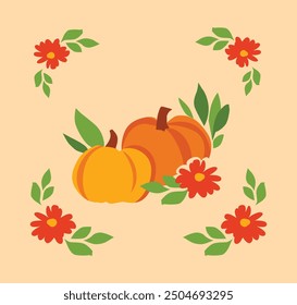 Pumpkin and leaves autumn background, vector illustration, hand drawn design postcard holiday, ink, sketch 