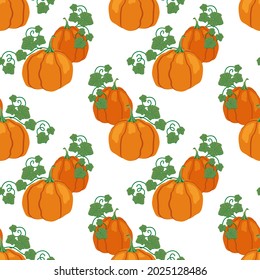 Pumpkin, leaves autumn. Autumn seamless pattern. Vector hand drawn illustration. White background. For wallpaper, fabric, plaid, towels, covers, wrapping paper, clothes, bags, etc