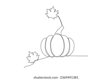 A pumpkin with leaves as decoration. Thanksgiving one-line drawing