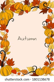 Pumpkin, leaves and mushroom frame vector for decoration on Autumn season festival.