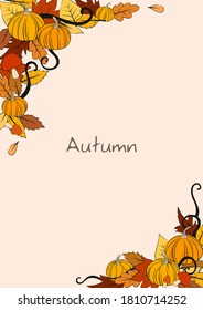 Pumpkin, leaves and mushroom frame vector for decoration on Autumn season festival.