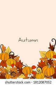 Pumpkin, leaves and mushroom frame vector for decoration on Autumn season festival.