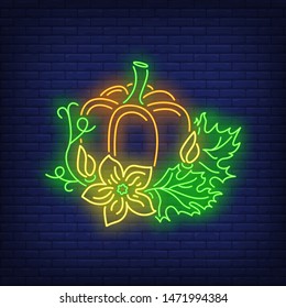 Pumpkin with leaves neon sign. Halloween party, autumn design. Night bright neon sign, colorful billboard, light banner. Vector illustration in neon style.