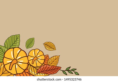 Pumpkin and leaves on a brown background, the creative concept design celebration of autumn and Thanksgiving Festival, with modern flat design style. Vector Design Illustration 