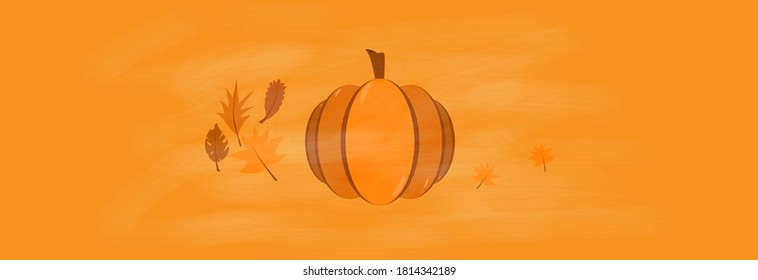 Pumpkin and leaves on an orange background.