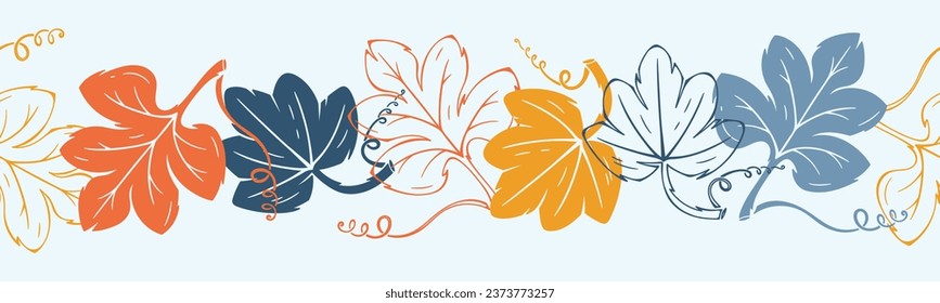 Pumpkin Leaves Seamless Border Pattern. Repeating Tape of Autumn Leaf  Vector illustration. Great for Thanksgiving Day Design.