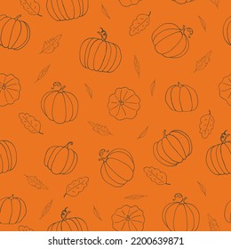 pumpkin and leaves seamless pattern hand drawn in doodle. vegetables in a simple line style.