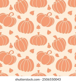 Pumpkin and Leaves Seamless Pattern. Soft Autumn Colors Endless Background. Fall Harvest Gift Wrapping Paper.