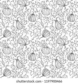 Pumpkin and Leaves seamless pattern for Thanksgiving or Halloween or Autumn Festival. Ink Hand Drawn Textile Print. Engraving Fabric Texture.