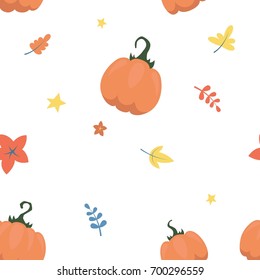 Pumpkin, leaves, stars, seamless pattern, flat illustration design over a white background