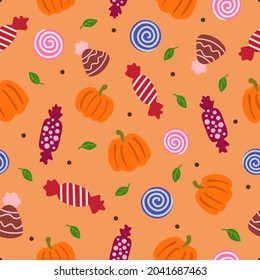 Pumpkin, leaves, truffles, candies  on a white background. Seamless doodle autumn pattern. Halloween. Suitable for packaging, gift paper.