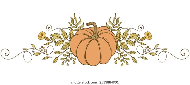 calabaza con hojas, Ilustración vectorial de calabaza conveniente para acción de gracias, halloween, otoño, diseño de la temporada de otoño, Vector eps