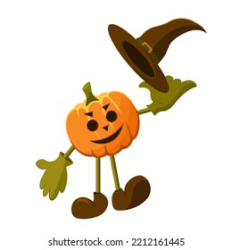 
Pumpkin with legs and arms. Witch hat. Happy Halloween. Pumpkin emoticon