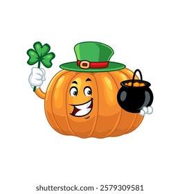 Pumpkin Leprechaun holding shamrock and pot of gold.