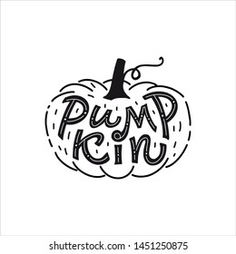 Pumpkin Lettering- Hand drawn vector black and white cartoon illustration on isolated white background. Great vegetable Halloween print for labels, Pumpkin pie for Thanksgiving Day
