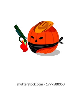 Pumpkin like cowboy in cool hat with gun.Vector illustration