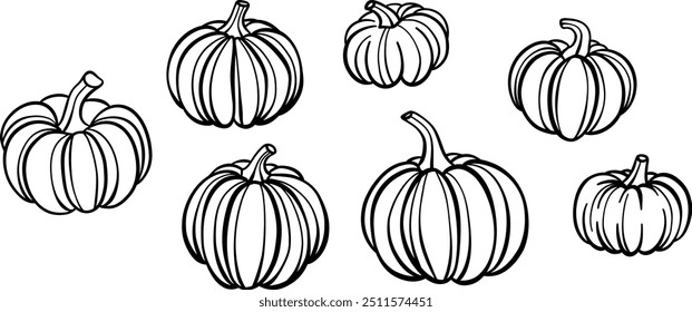 Pumpkin line art illustration, hand drawn doodle, autumn decorative clip art elements, isolated