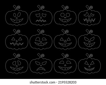 Kürbis-Linie Gesichte gesetzt. Halloween Lineare Kürbiskollektion. Vektorgrafik einzeln auf schwarzem Hintergrund.