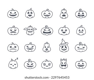 Iconos de la línea de calabaza definidos. Colección de stickers para redes sociales. Verduras con diferentes emociones. La temporada de otoño y los símbolos de halloween. Colección vectorial lineal aislada en fondo blanco