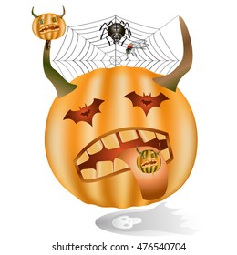 Pumpkin with little pumpkins and horns.Happy Halloween Poster.Halloween painted Pumpkin. Vector illustration. Happy halloween card.Monster evil.
