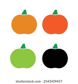 Conjunto de iconos de calabaza de colores en naranja rojo, verde y negro con un diseño simple aislado en el fondo blanco ideal para la cosecha de otoño de Halloween y proyectos relacionados con los alimentos