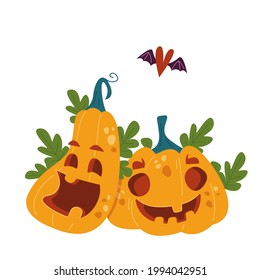 Pumpkin lovers with a heart with wings above them. A married couple of pumpkins. Halloween party decor. Cartoon characters are monsters. Vector illustration in children s style. Isolated clipart.