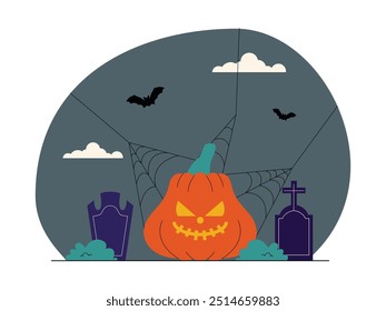 A pumpkin made of a scary face next to a tombstone, spooky vector illustration.