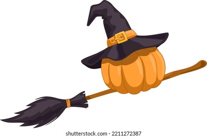 Calabaza con un sombrero mágico volando en la escoba