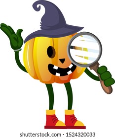 Calabaza con lupa, ilustración, vector sobre fondo blanco.