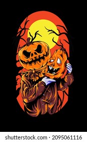 Pumpkin man carrying a pumpkin vector illustration