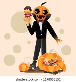 The pumpkin man holding ice cream and standing among sweets