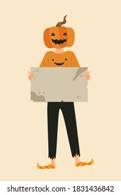 Pumpkin man isolated; dressing up with pumpkin costume for Halloween, holding blank placard. Character for decorating card, party, invitation, banner, advertising. Flat vector illustration.