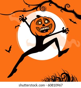 Hombre Calabaza saltando en la noche de Halloween.